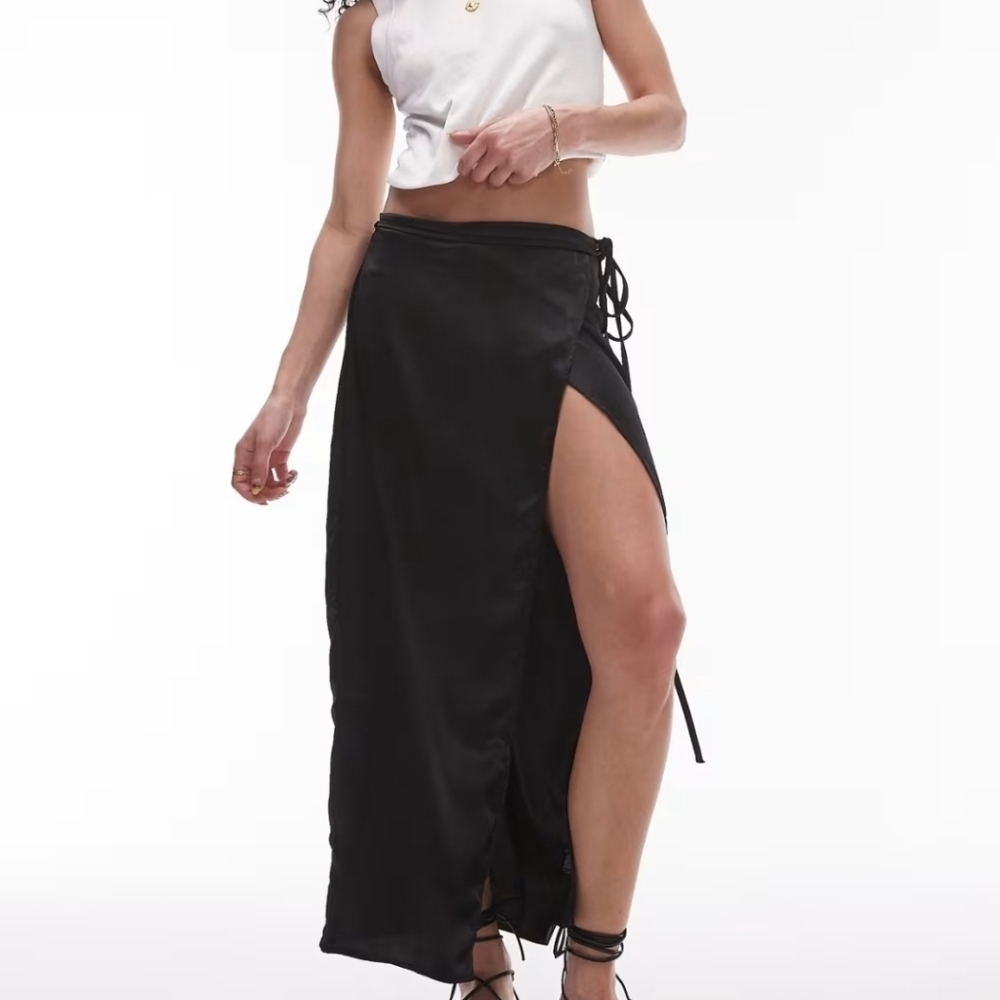 Topshop Satin Bias Cut Midi Skirt Black Adjustable Waist Size 8